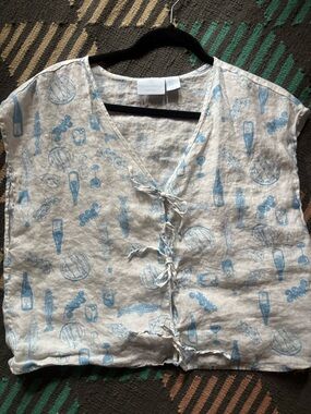 Cynthia Rowley Linen Crop/ Box Tie-Front Top with Blue Mediterranean Print XL